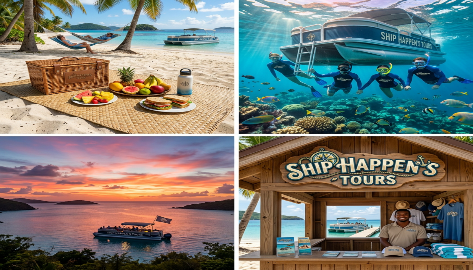 Collage of beach, boating, sunset and Sea Escapes tour experiences