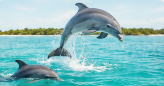 Dolphins jumping from clear blue water