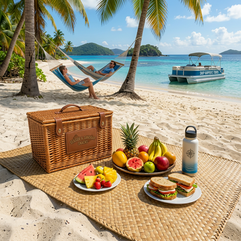 Beach picnic beside a private boat
